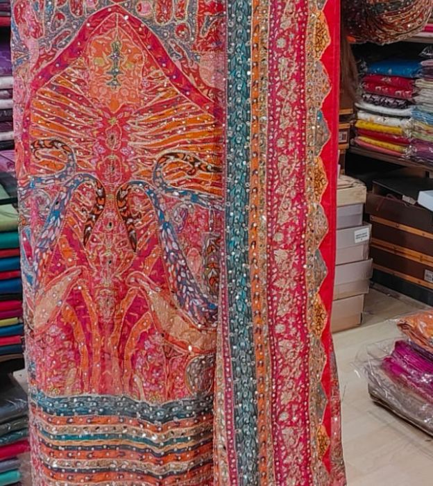 Premium Chinon Georgette Saree with Mirror, Stone & Soft Zari Embroidery