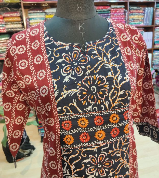 Premium Cotton Ajrakh Print Handwork Kurti