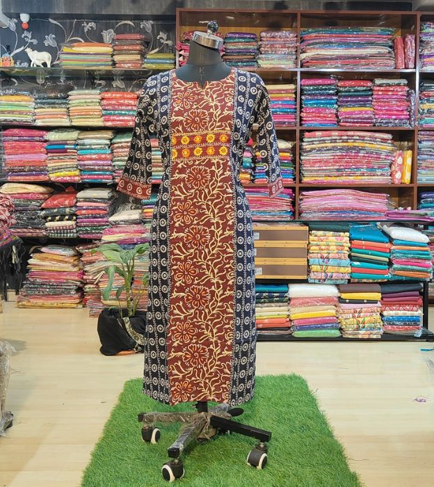 Premium Cotton Ajrakh Print Handwork Kurti