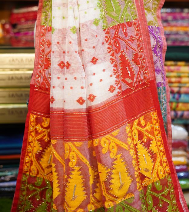 Elegant Cutdana Jamdani Partywear Saree With Multicolour Bengali Traditional Design