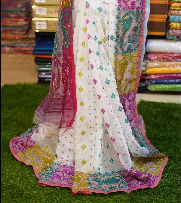 Elegant Cutdana Jamdani Partywear Saree With Multicolour Bengali Traditional Design