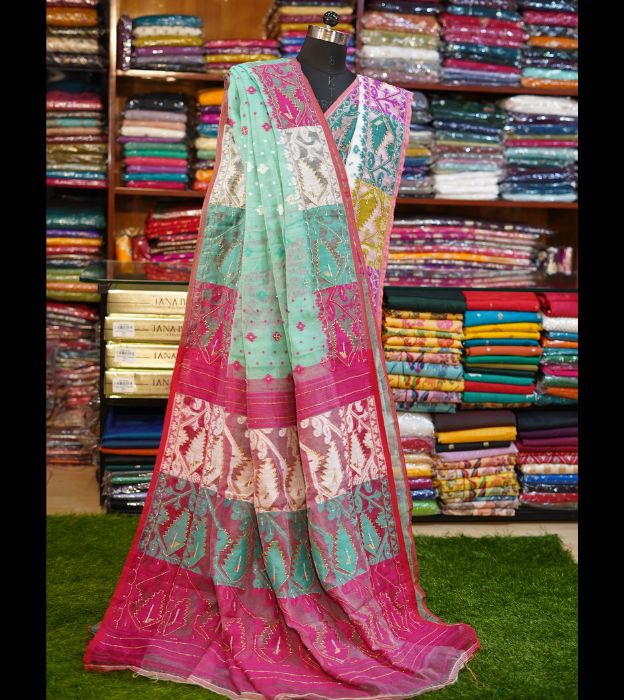 Elegant Cutdana Jamdani Partywear Saree With Multicolour Bengali Traditional Design