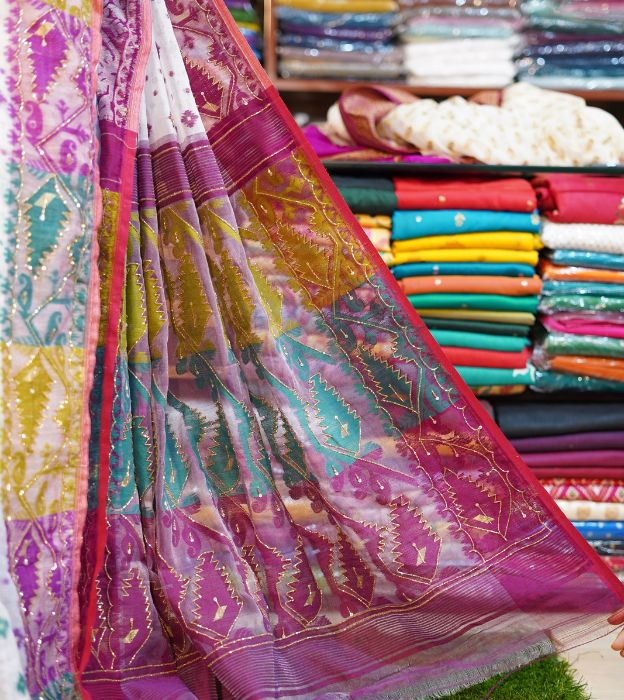 Elegant Cutdana Jamdani Partywear Saree With Multicolour Bengali Traditional Design