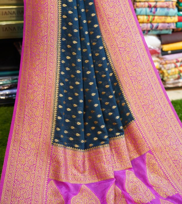 Elegant Semi Pure Khaddi Georgette Saree With Contrast Teal Border