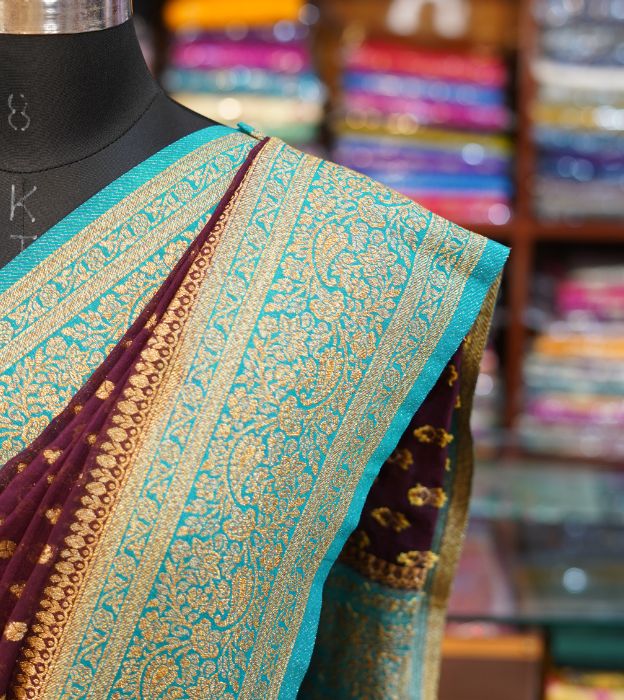 Elegant Semi Pure Khaddi Georgette Saree With Contrast Teal Border