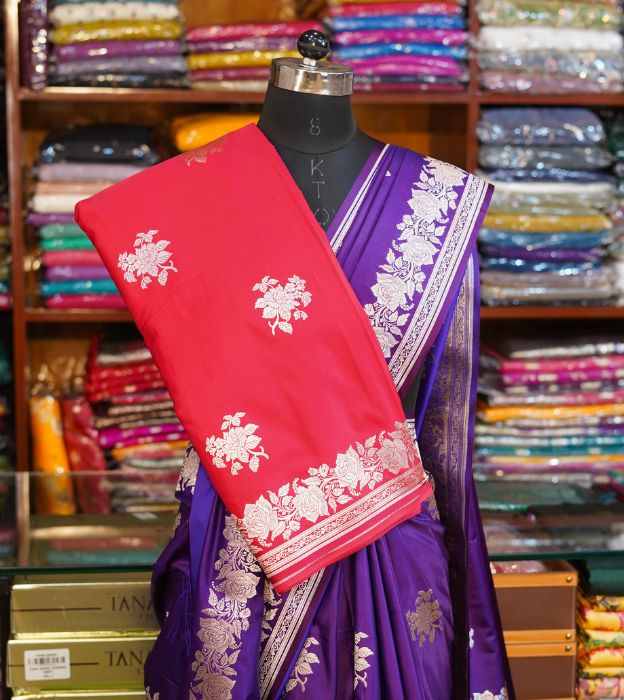 Elegant Mashru Banarasi Saree in Royal Purple With Woven Floral Zari Work