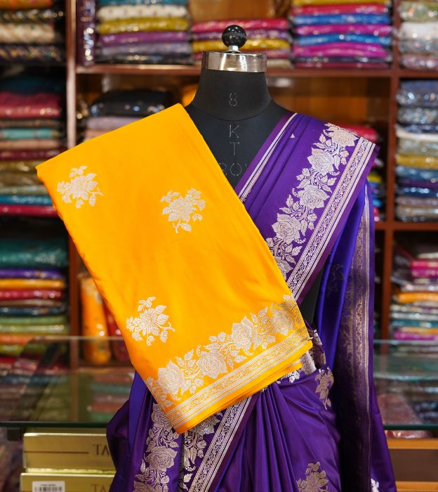 Elegant Mashru Banarasi Saree in Royal Purple With Woven Floral Zari Work