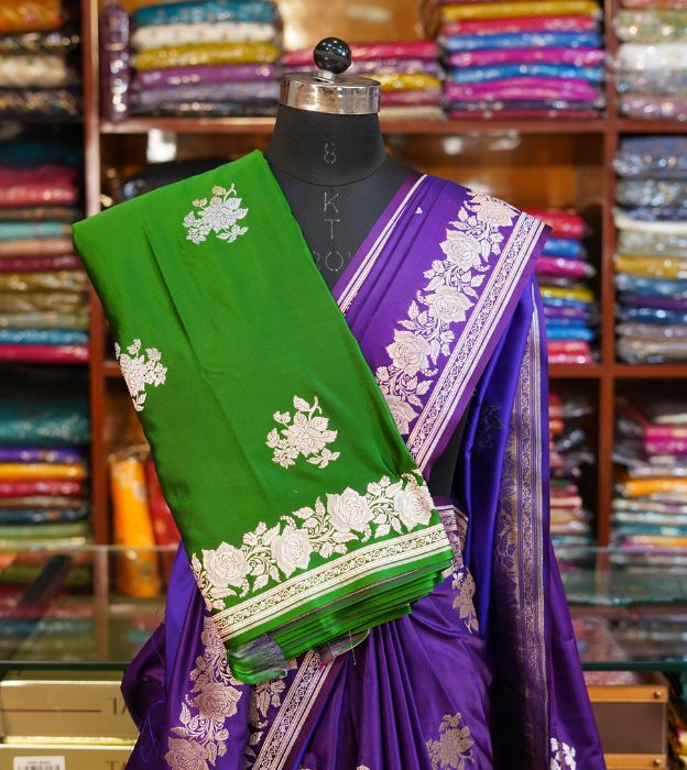 Elegant Mashru Banarasi Saree in Royal Purple With Woven Floral Zari Work