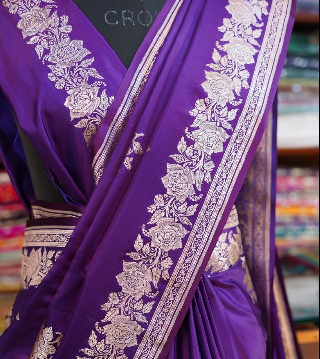 Elegant Mashru Banarasi Saree in Royal Purple With Woven Floral Zari Work