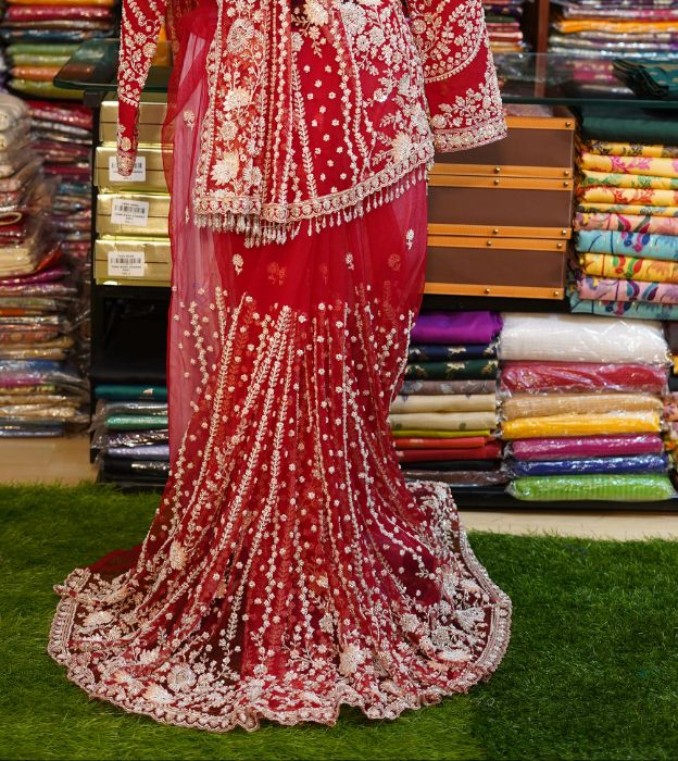 Luxury Mono Net Partywear Wedding Saree With Full Handwork & Readymade Blouse