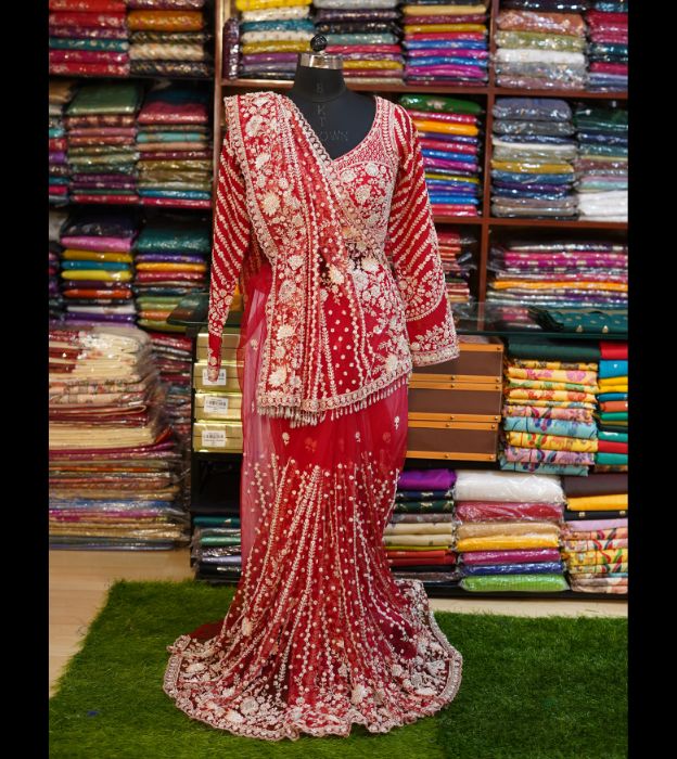 Luxury Mono Net Partywear Wedding Saree With Full Handwork & Readymade Blouse