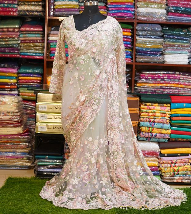 Elegant Mono Net Reception Saree With Full Handwork & Readymade Blouse